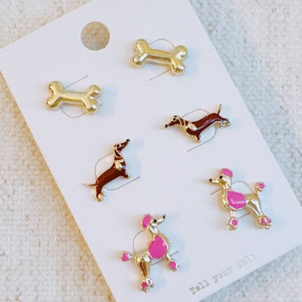 Lovely Fur Friend 3 pair Stud Earrings Poodle Dachshund Bone